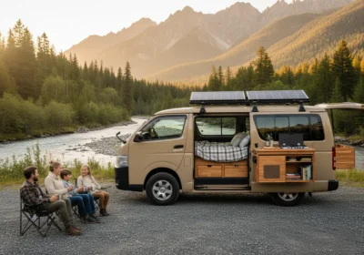 phot-realistic-toyota-hiace-camper-van-with-solar-panels-on-the-roof-and-a-well-outfitted-interior-with-kitchen-bed-and-a-family-enjoying-a-scenic-riverside-view